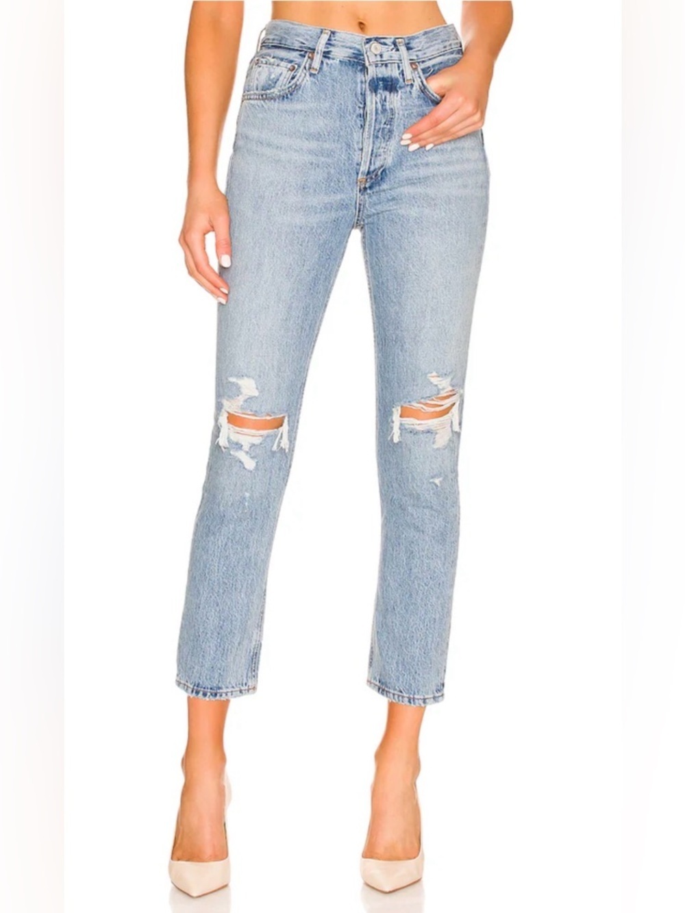 Agolde Riley High Rise Straight Leg Distressed Jeans Light Wash 28